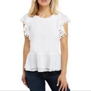 NWT Cupio White Ruffle Top with Pom Poms